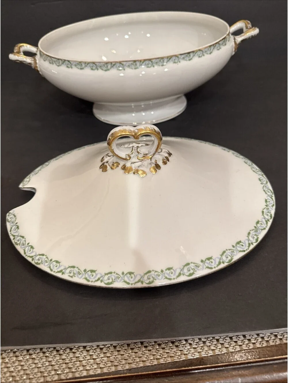 Wm Guerin & Co Limoges Covered Serving Bowl Tureen W Lid Green Blue  Swirl Gold